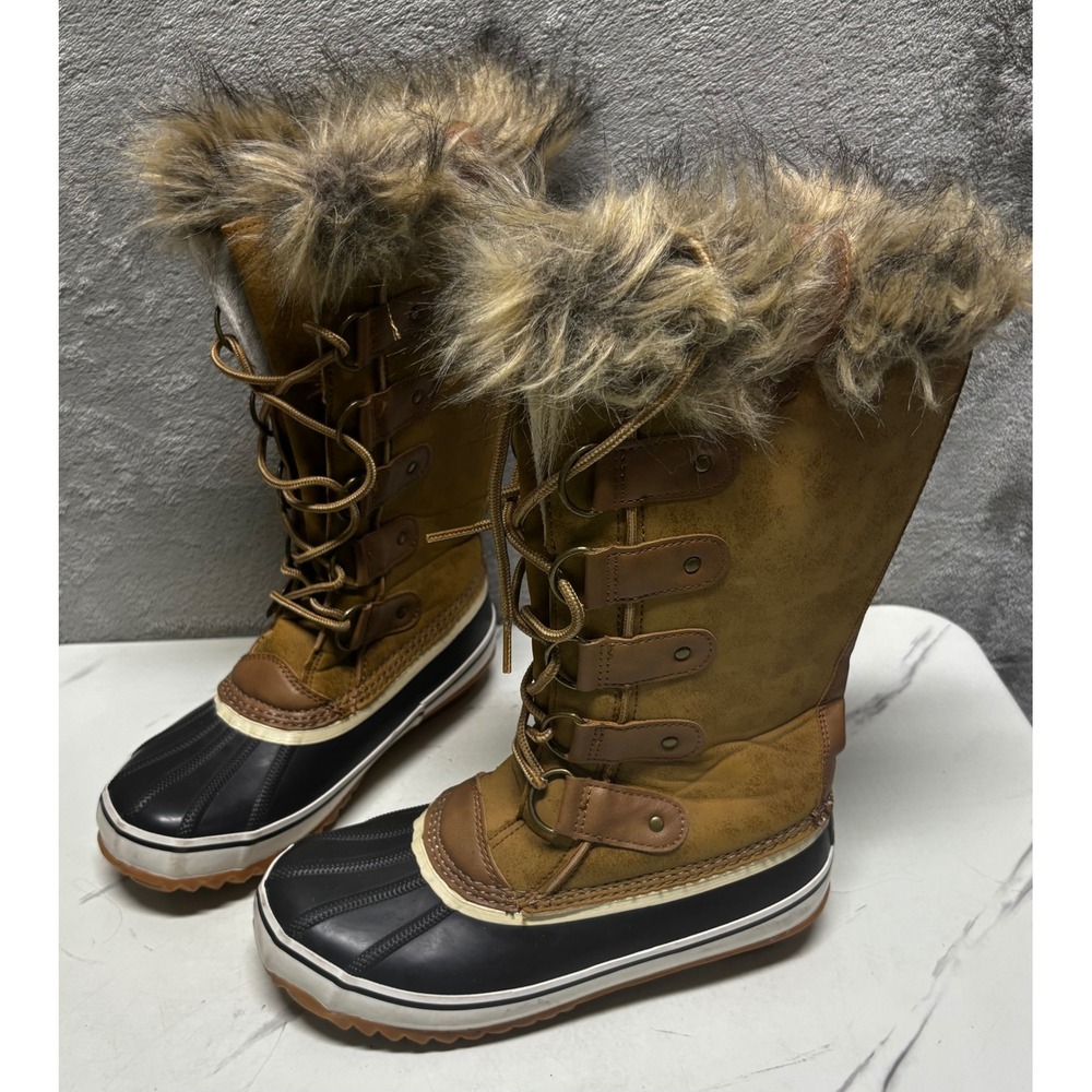 JBU Bella Duck Boots Women Size 7 Tan Brown Faux Fur Winter Snow B1BLL04